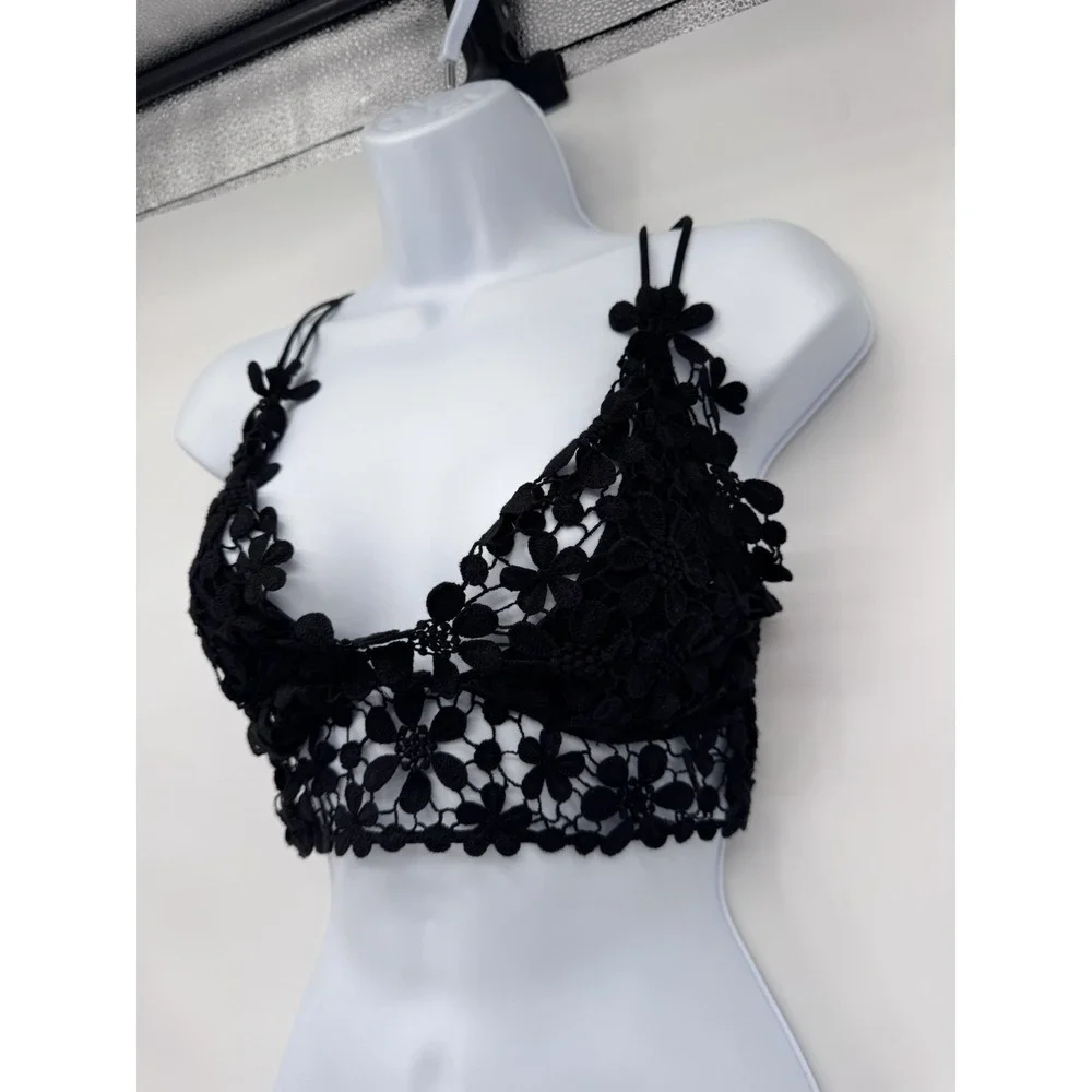 Black Crochet Lace Bralette Crop Top Strappy Boho Fairy Festival whimsigoth